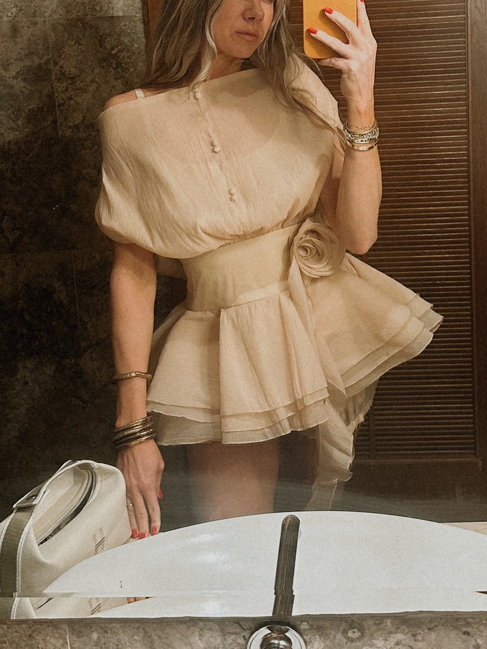 Off-Shoulder Cream Mini Dress with Floral Waist Accent